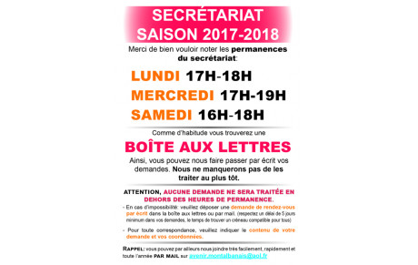 horaires secrétariat saison 2017/2018